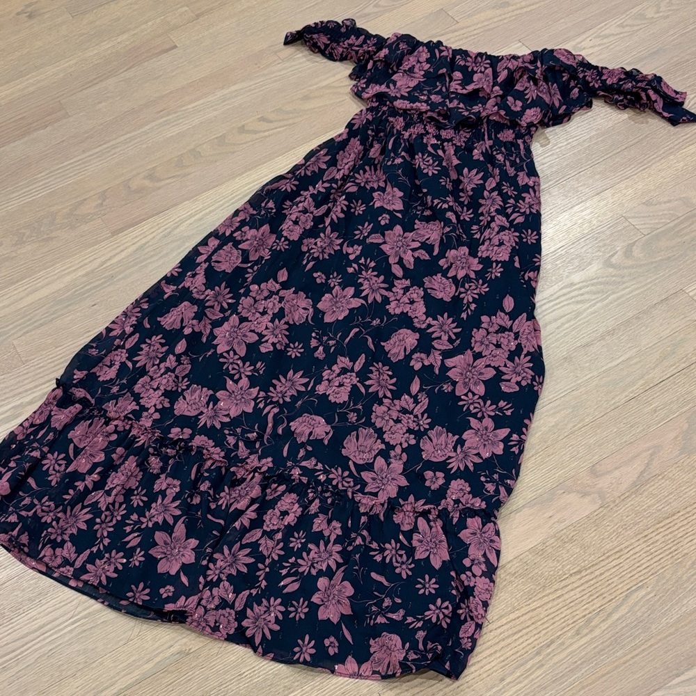Lulu's Pink Floral Off Shoulder Ruffle Lurex Maxi Dress M